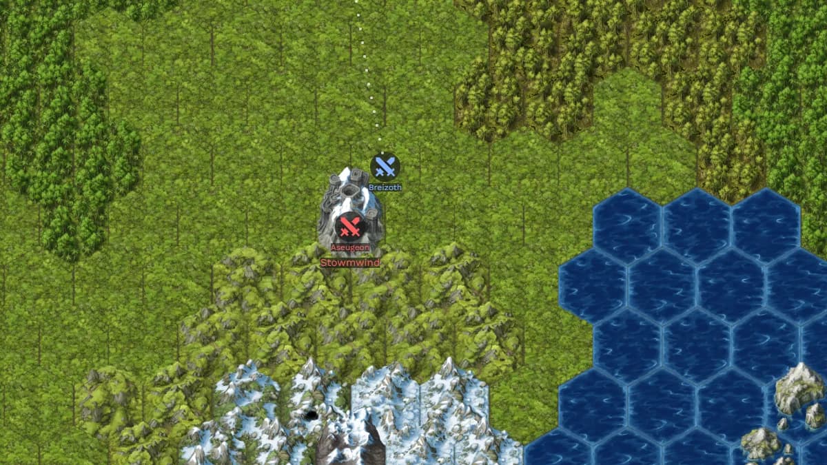 Two armies beside a city on a hill, their titles on transparent backgrounds