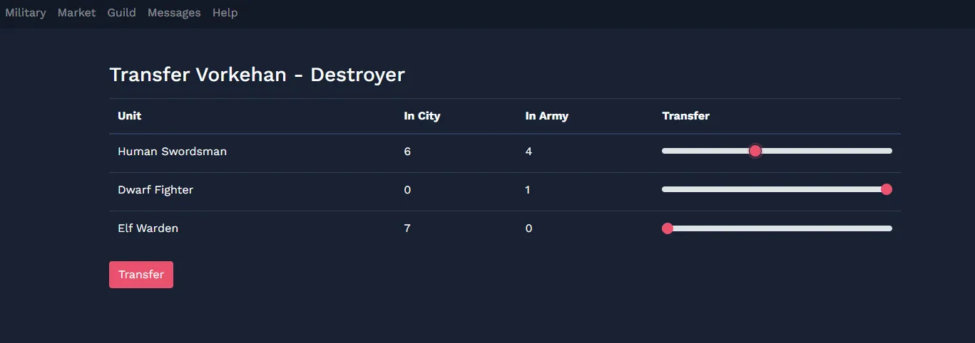 The troop transfer between a city and an army, one slider per unit