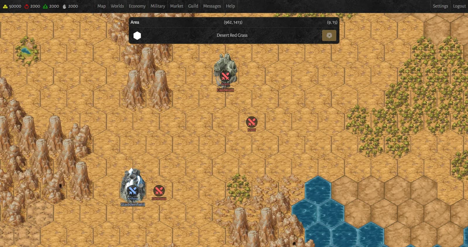 Red desert with enemy armies and a city by the sea