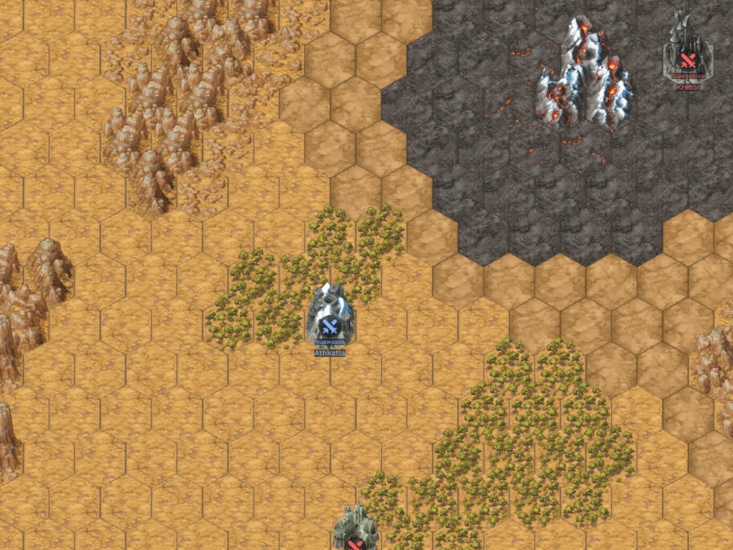 A lava field at the edge of a desert savannah, with an army