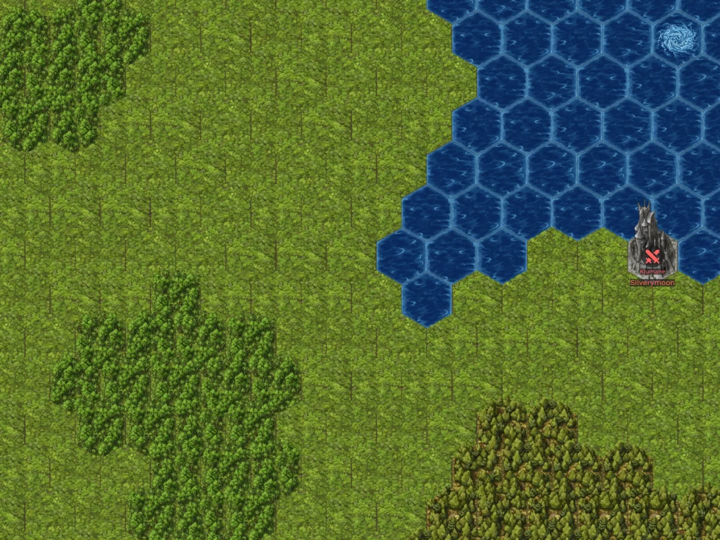 Plains and forest beside the sea with a whirlpool