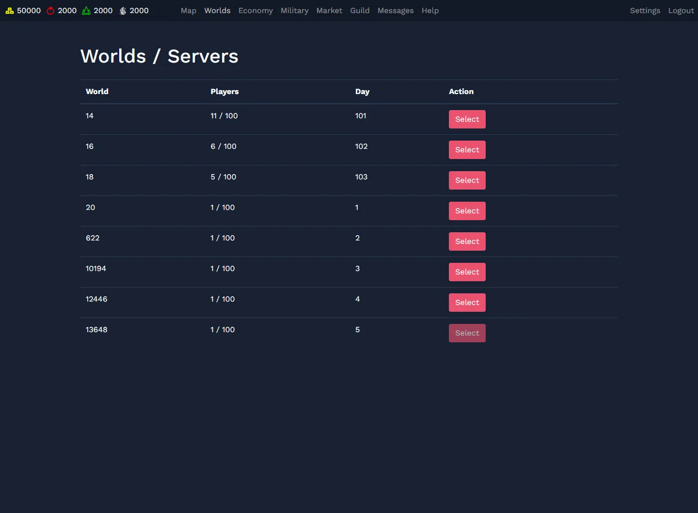 The world list, with a Select button on each world