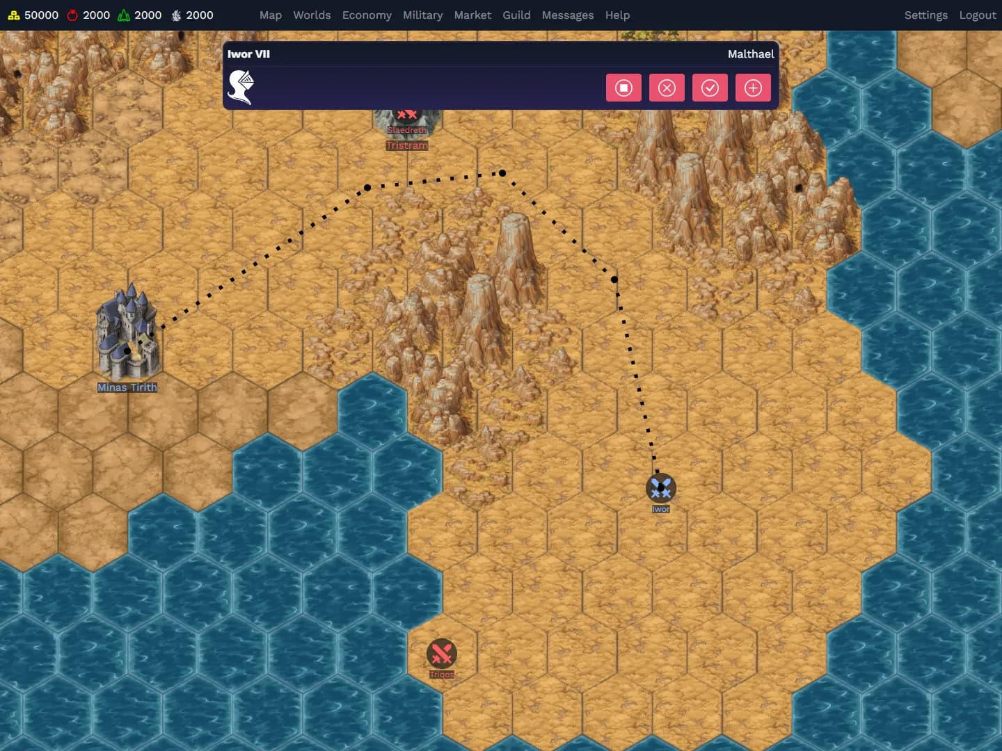 An army's dotted route through a desert peninsula, with its action menu open