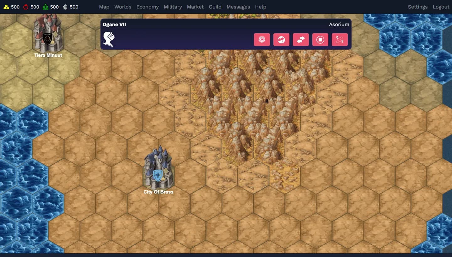 A desert map with the quick menu's new action icons over a selected army