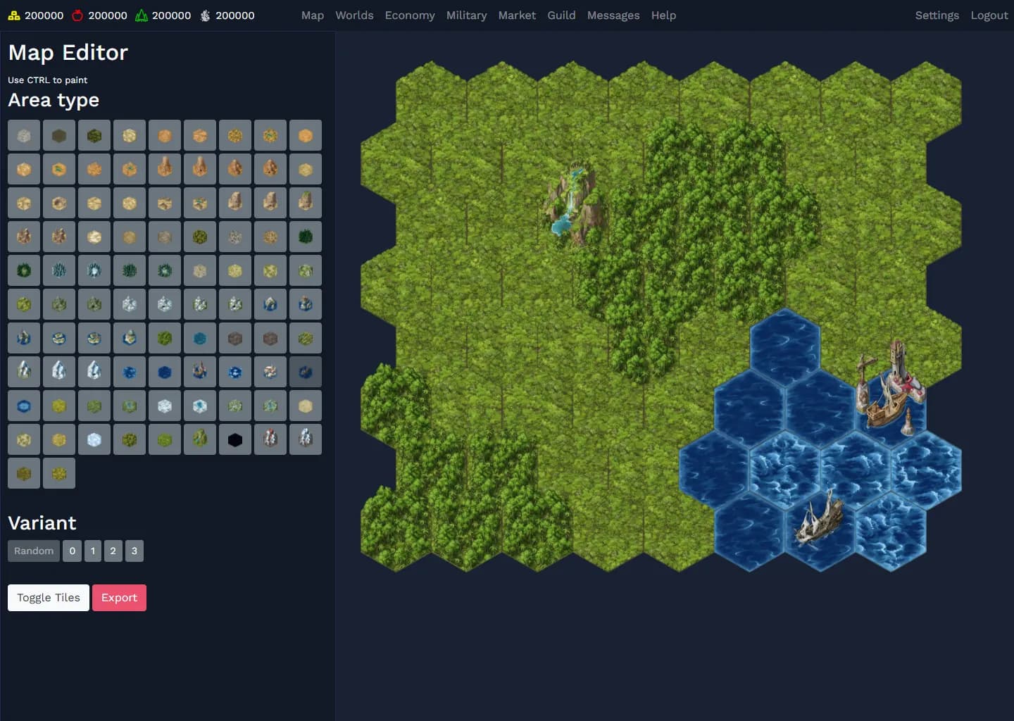 The map editor with its compact tile palette and a map of forest and sea with ships