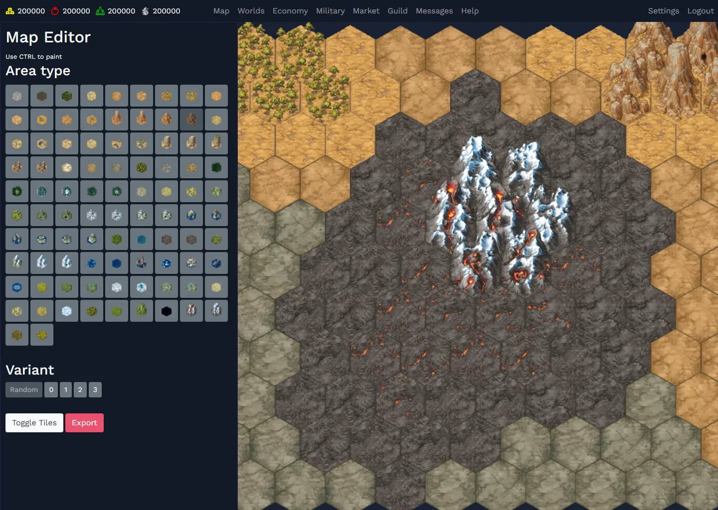 The map editor painting a volcanic ash field with lava mountains