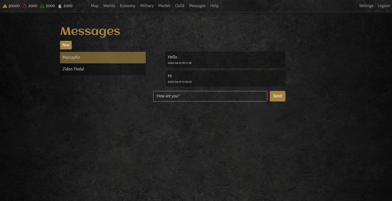 The messages page, a conversation between two players