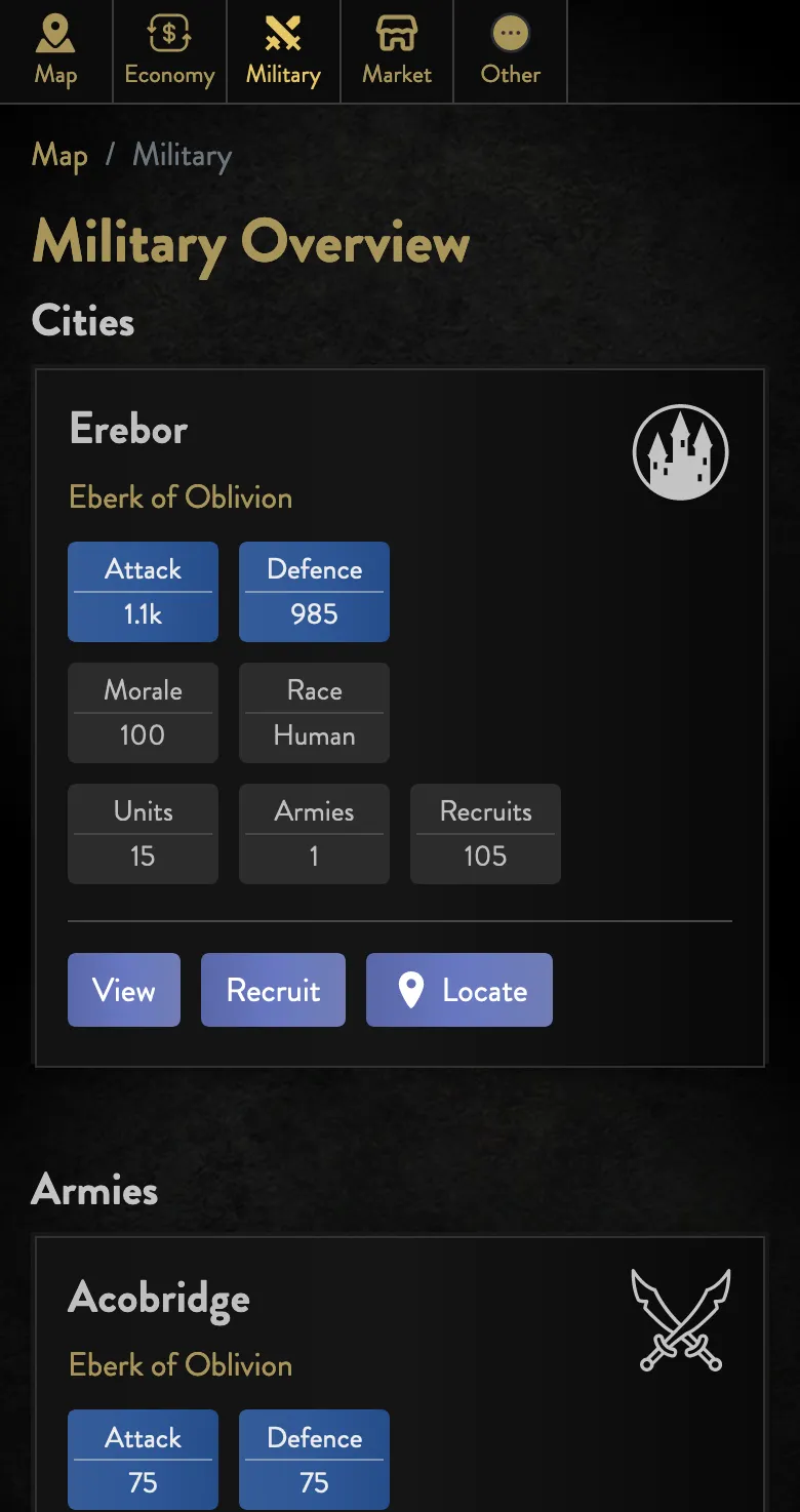 The military overview on a phone: a city's and an army's stats